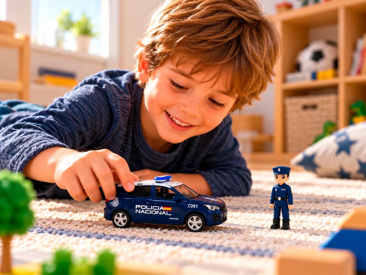 Nino jugando con un coche y una figura de Policia Nacional PLAYJOCS